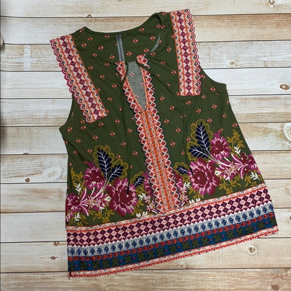 Anthropologie olive floral embroidered boho tank